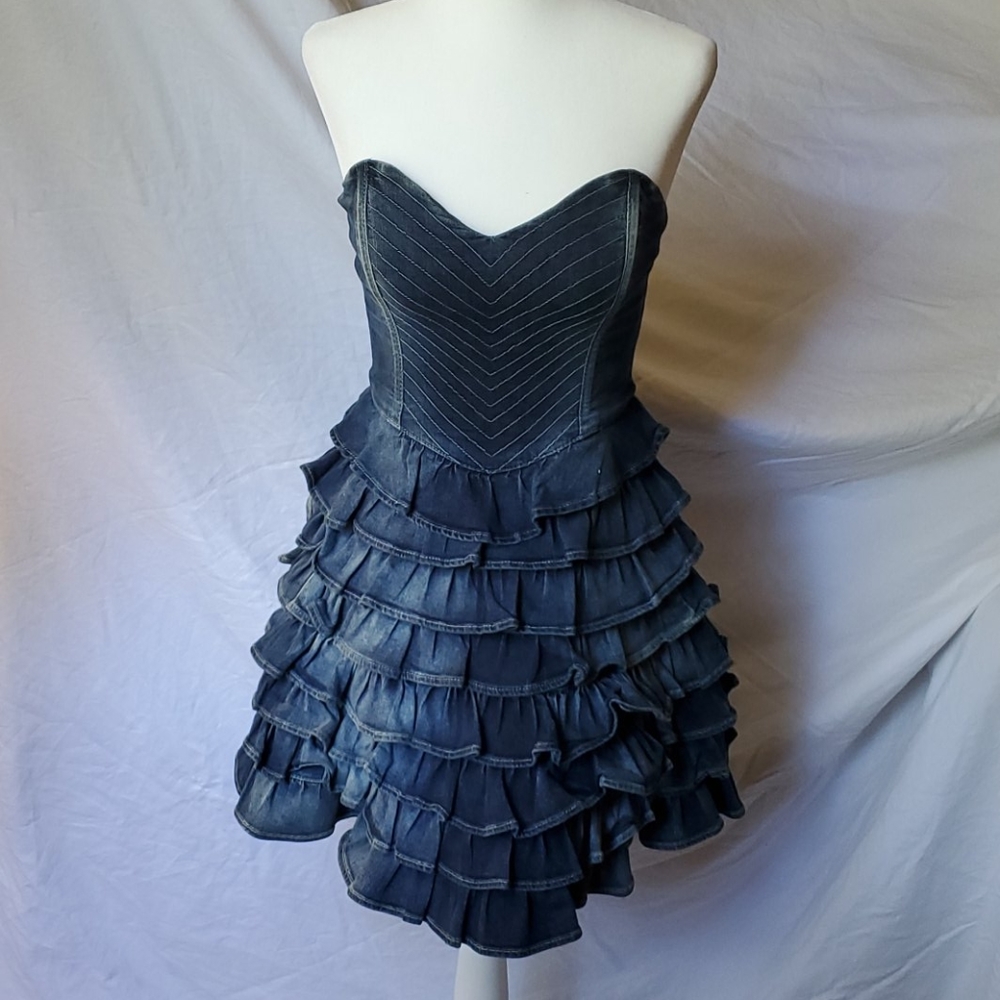 GUESS Denim Ruffle Sweetheart Bustier Dress